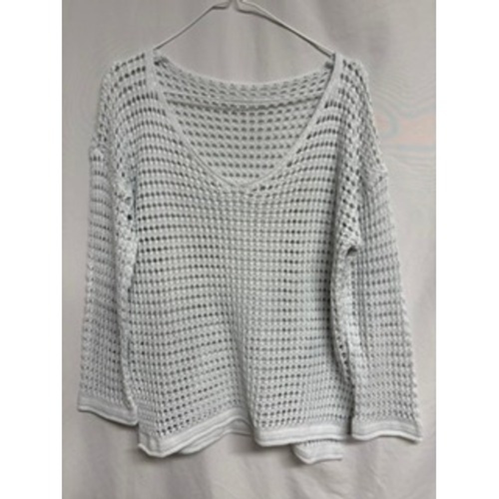 SHEIN Women Blue Open Knit Sweater Long Sleeve Crochet Pullover Small Fisherman